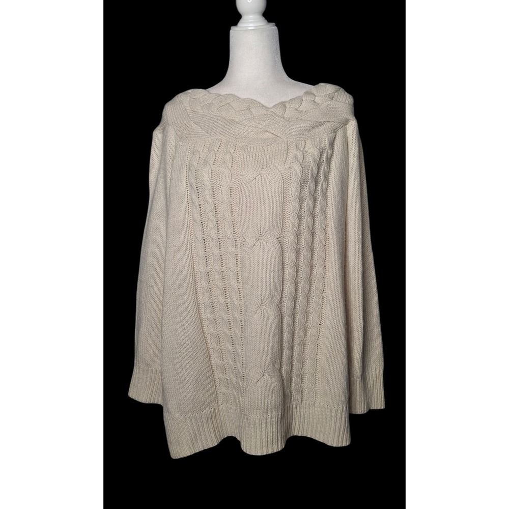 Cozy Casual Cream Cable Knit Braided Neck Sweater Oversized Chunky Boho 2X/3X
